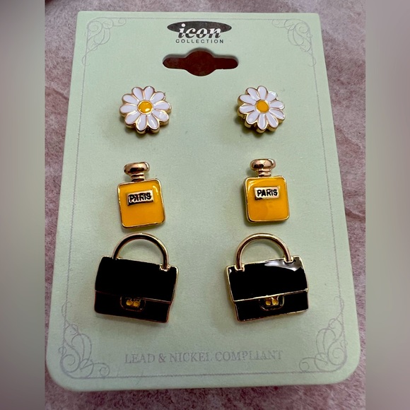 icon collection Jewelry - NWT Set/3 post earrings. Icon collection purse, perfume bottle & flowers.